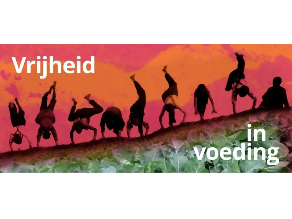 Groep mensen doet handstanden op een heuvel met op de voorgrond koolplanten en een kleurrijke lucht. Tekst: Vrijheid in voeding.