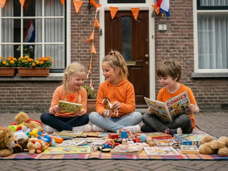 Kinderen verkopen hun tweedehands speelgoed op de vrijmarkt tijdens Koningsdag Weert terwijl ze samen op een kleedje voor een versierd huis zitten.