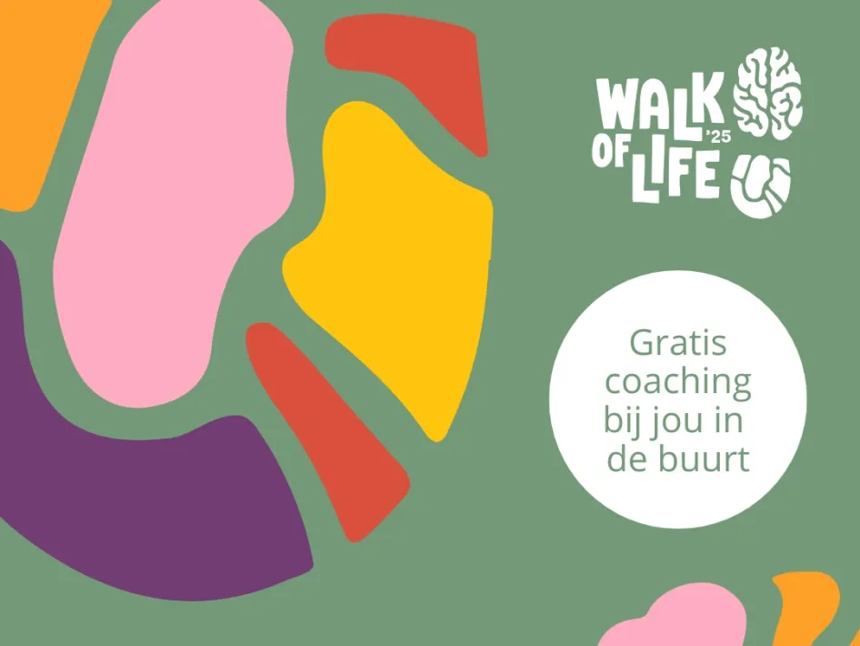 Logo van Walk of Life 2025 met kleurrijke vormen en de tekst "Gratis coaching bij jou in de buurt" op een groene achtergrond.