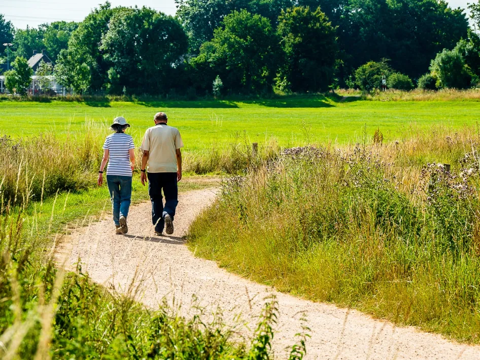 Ein wanderndes Paar auf einem Sandweg während der Wanderung Rondmeer, umgeben von grünem Gras, Wildpflanzen und Bäumen, mit offenen Feldern und einigen Häusern im Hintergrund