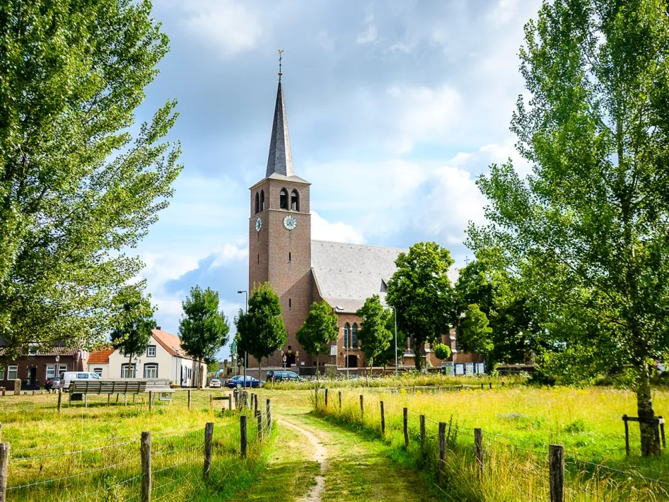 Wandelroute Buggenum met zicht op de Sint-Aldegundiskerk, langs een grasrijk pad tussen bomen en dorpse huizen.