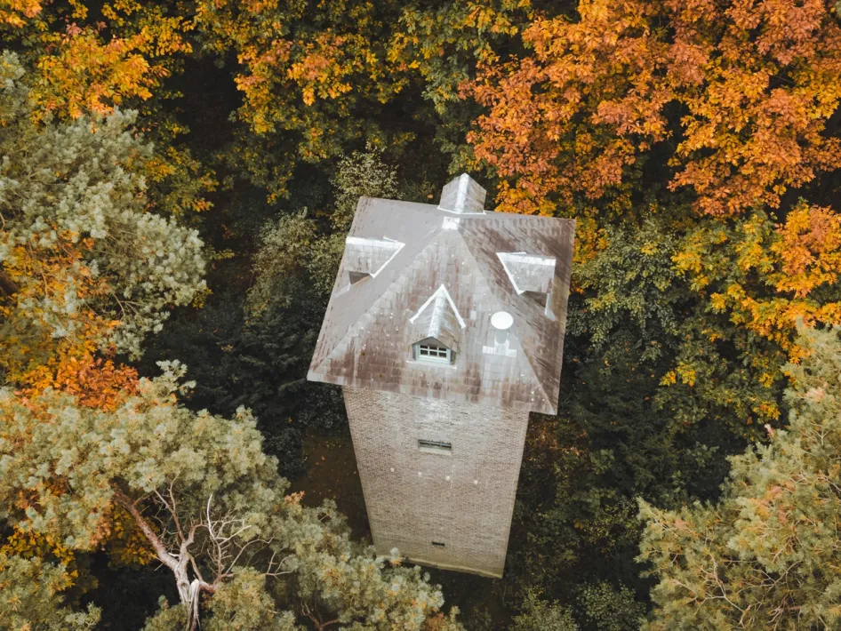 Luftaufnahme des steinernen Eulenturms von Professor DuBois, umgeben von herbstlich gefärbten Bäumen im Landgut De Bedelaar.