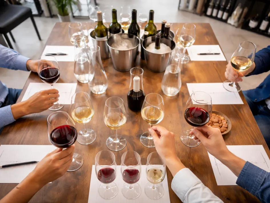 Voorjaarsproeverij Henri Bloem met deelnemers aan tafel tijdens een professionele wijnproeverij, van bovenaf gefotografeerd in een sfeervolle binnenruimte.