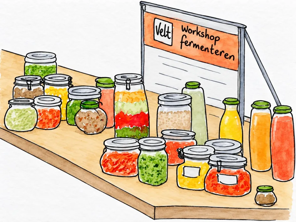 Illustratie van verschillende potten met gefermenteerde groenten op een tafel bij de workshop Fermenteren.