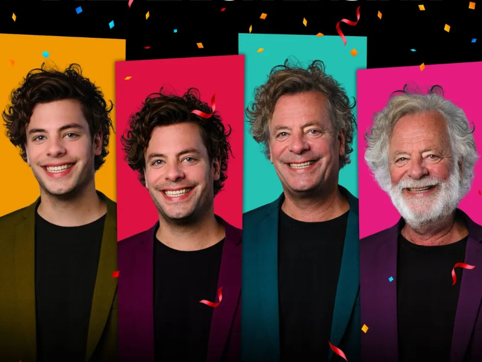 Vier portretten van Diederick Ensink op verschillende leeftijden tegen kleurrijke achtergronden met feestelijke confetti.
