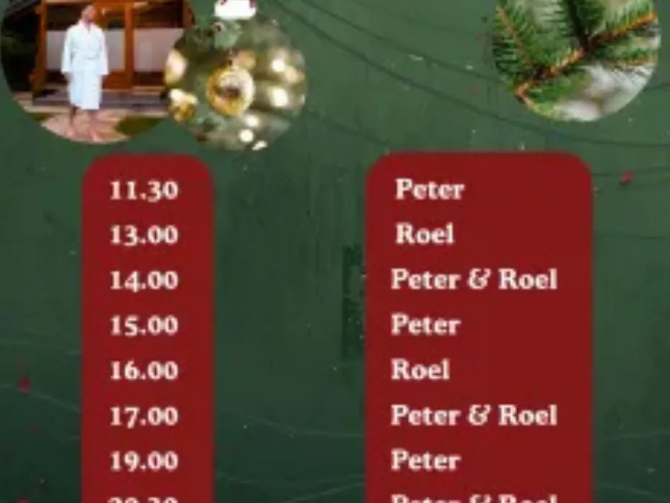 Promotieposter voor de tweede kerstdag opgietdag op 26 december 2025 bij Dennenmarken Spa & Wellness, met het schema van acht opgietsessies door Peter en Roel en sfeervolle wellnessbeelden in kerstsetting.