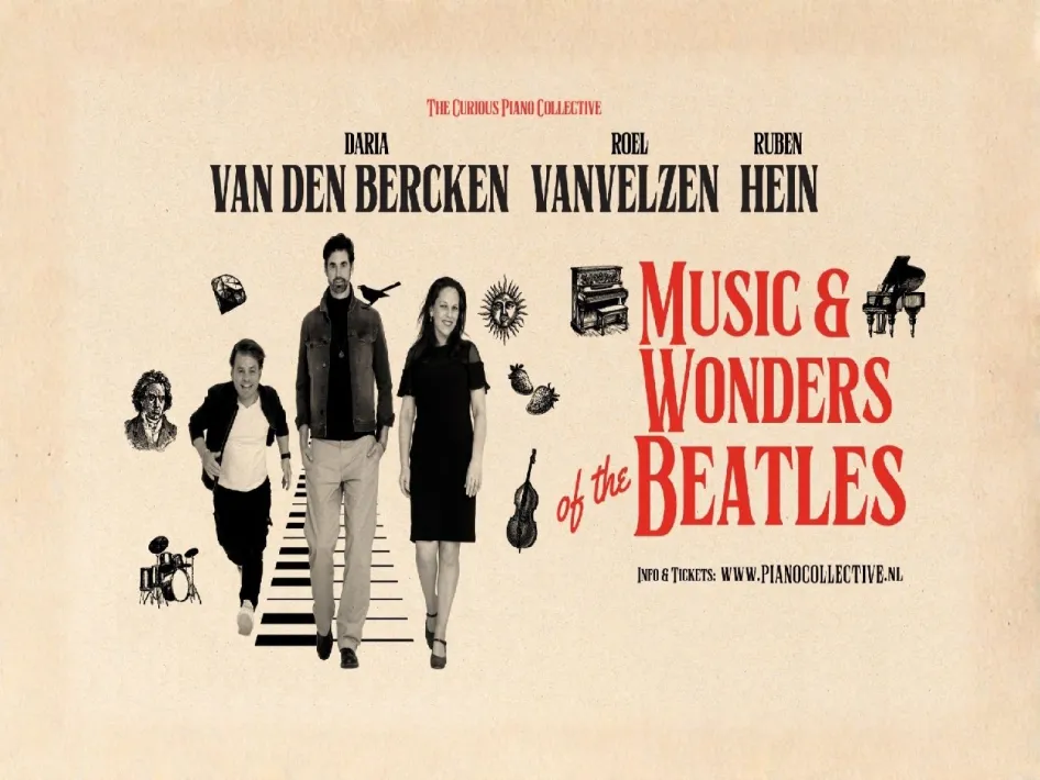 Music en wonders of the beatles plaatje met 3 mensen