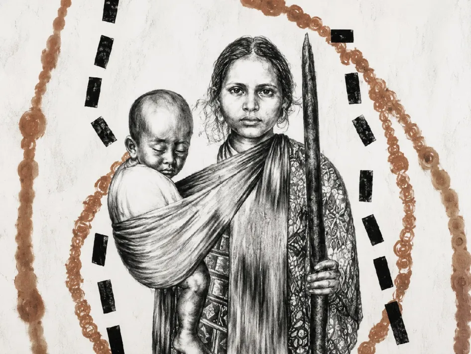 Tentoonstelling van Danielle Lemaire in Museum W met zwart-witte tekening van een vrouw met kind, omringd door symbolische vormen en de data 12.04.26 – 20.09.26.