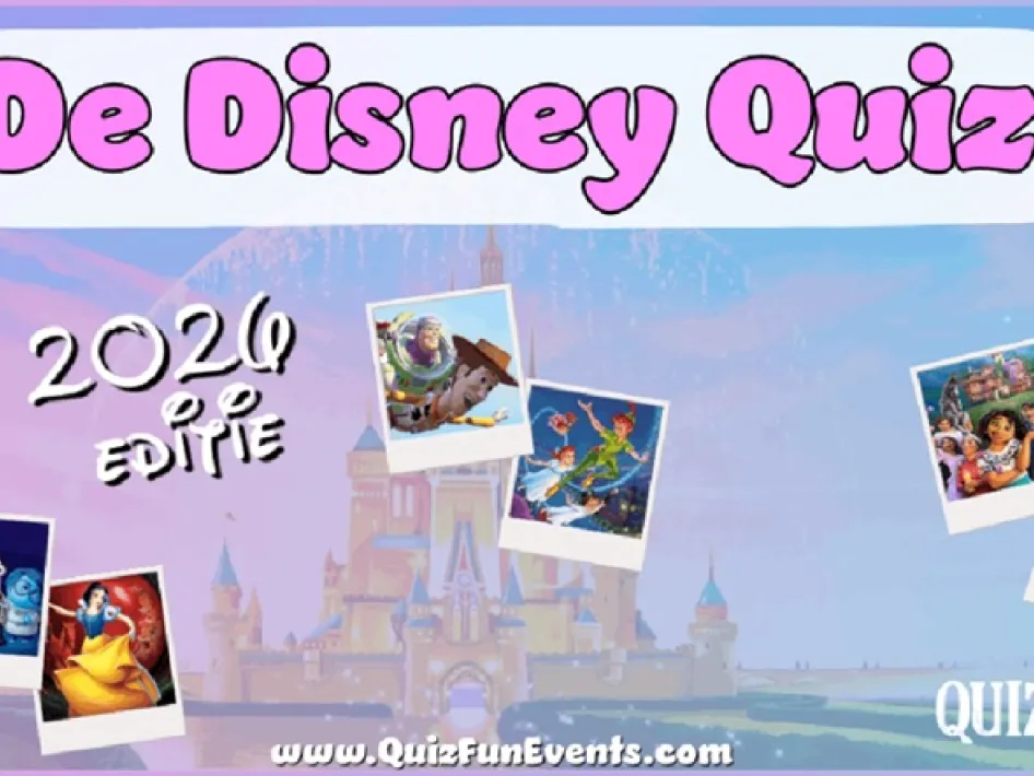 Banner van de Disney Quiz 2026 met een kasteel op de achtergrond en losse afbeeldingen uit bekende animatiefilms.