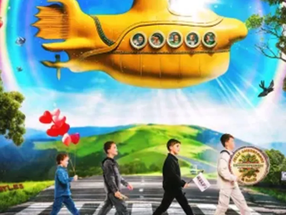 Illustratie van een gele duik machine boven een landschap terwijl vier personen in optocht over een zebrapad lopen tijdens een muzikaal evenement