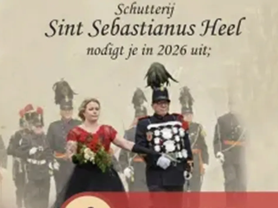 Poster van het dekenaal schuttersfeest met leden van Schutterij Sint Sebastianus Heel in uniform en traditionele kleding.