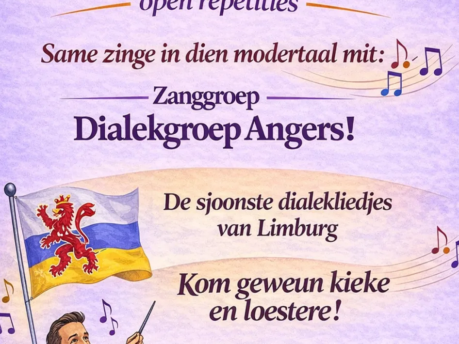 Poster van Dialekgroep Angers met uitnodiging voor open repetities met Limburgse dialectliedjes.