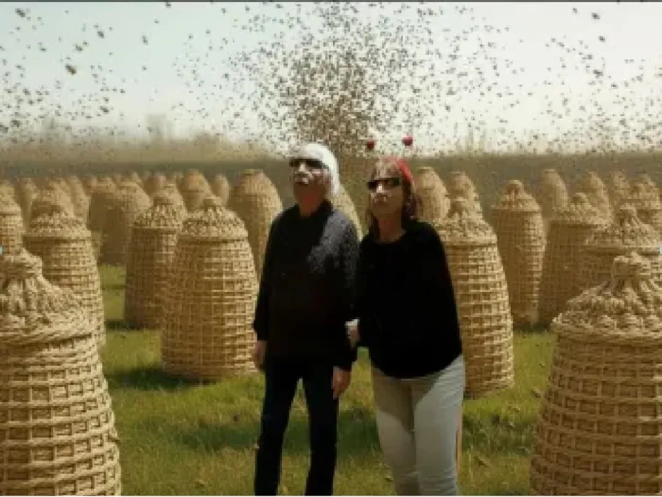 Scènebeeld uit het toneelstuk met twee personen in een open veld, omringd door bijenkorven en een zwerm bijen.