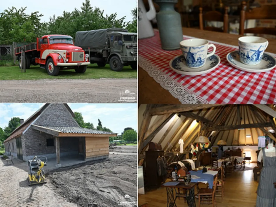 Collage met beelden van erfgoed in het museum: een oude vrachtwagen, servies op een tafelkleed, een historische boerderij en een zolder met oude gebruiksvoorwerpen.