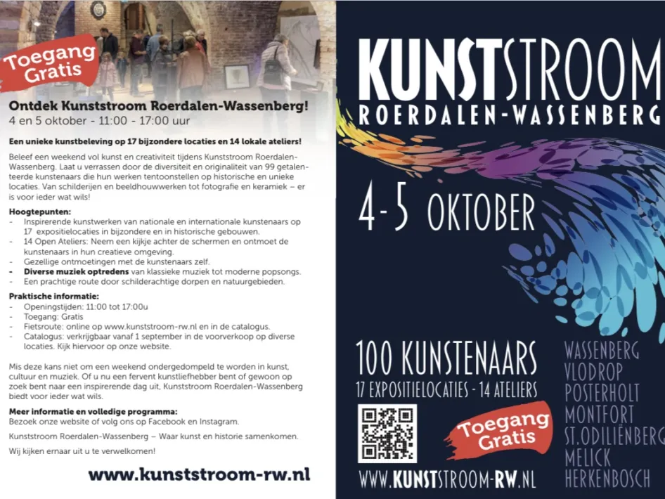 Promotiefolder van Kunststroom Roerdalen-Wassenberg 2025 met praktische informatie, deelnemende plaatsen en vermelding van 100 kunstenaars op 27 locaties. Data: 4 en 5 oktober, van 11.00 tot 17.00 uur. Toegang gratis.
