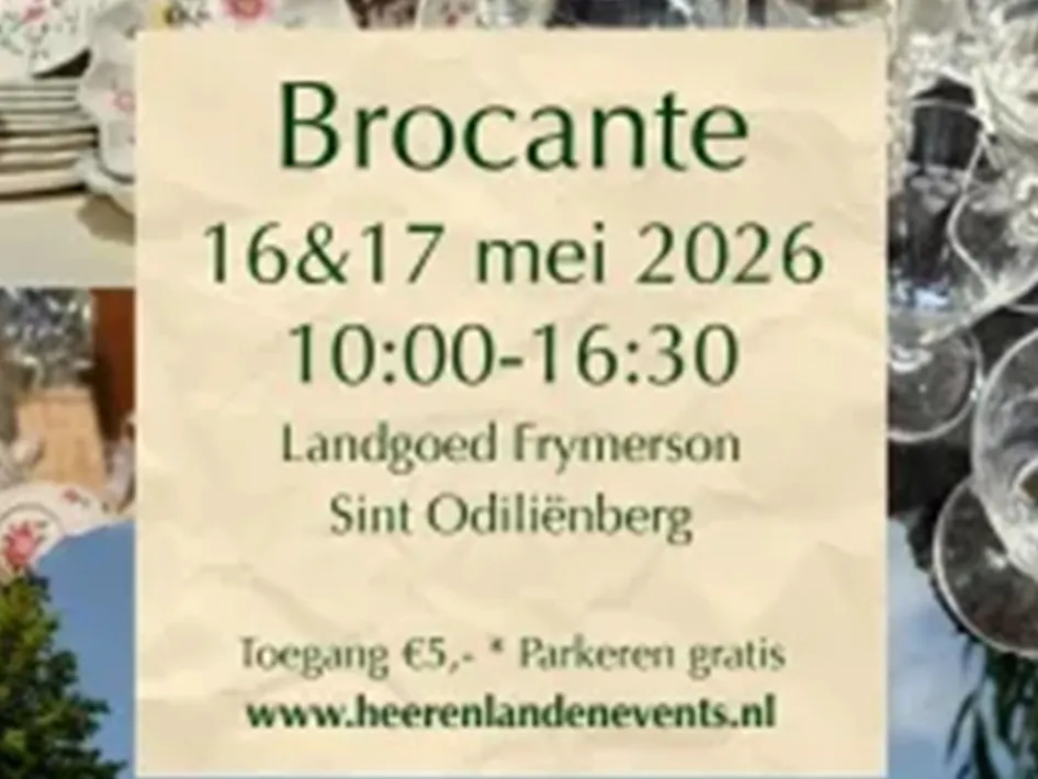 Brocante markt op Landgoed Frymerson in Sint Odiliënberg met data 16 en 17 mei 2026, openingstijden en praktische informatie over entree en parkeren
