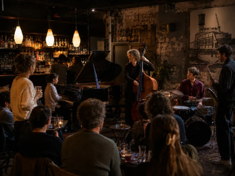 Jazz sessie in een sfeervol café met live muziek en publiek aan tafels.