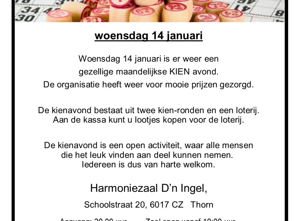 Poster van Kienen in Thorn met datum woensdag 14 januari en informatie over de kienavond