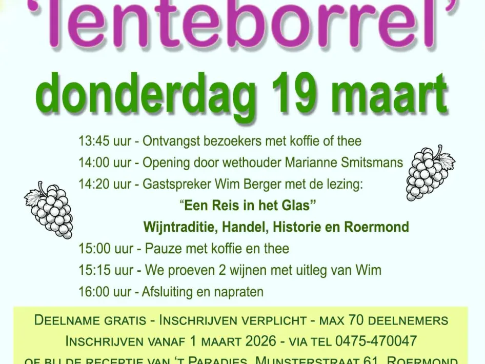 Poster voor lente­borrel 2026 op donderdag 19 maart met programma, sprekers en locatie Parcades in Roermond, in een voorjaarsontwerp met bloemen.