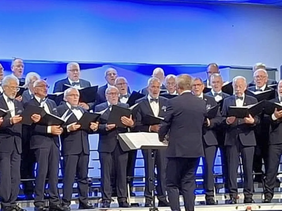 Alt-tekst:  Mannenkoor zingt op het podium tijdens het lustrumconcert van Mannenkoor St. Caecilia Linne.
