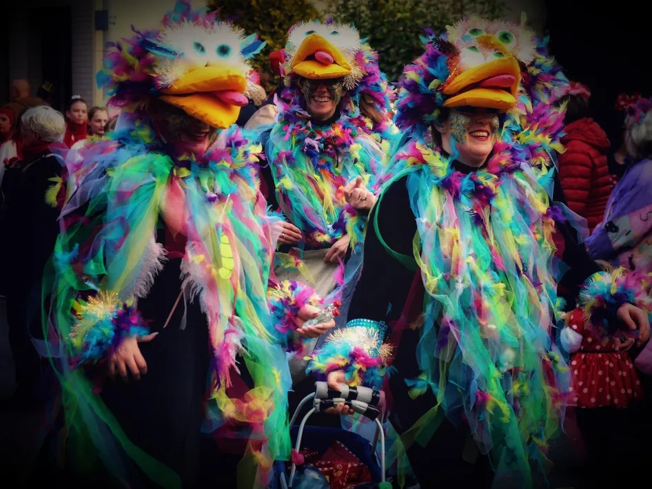 Deelnemers aan de Grote Optocht Vlodrop in kleurrijke carnavalskostuums met veren en vrolijke maskers tijdens carnaval in Roerdalen.
