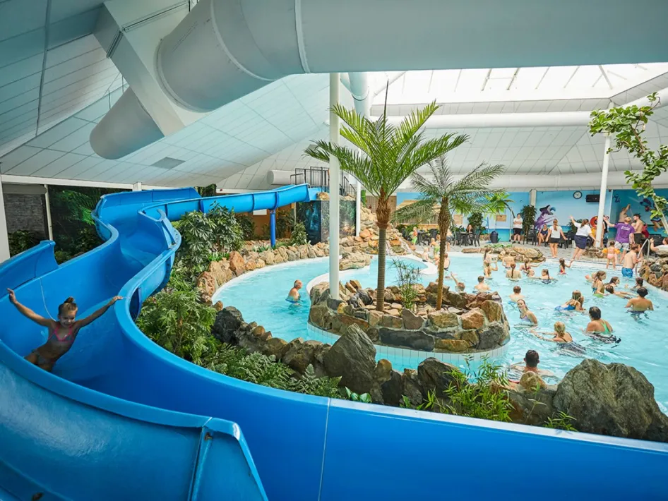 Binnenbad met palmbomen en stromend water bij het subtropisch zwemparadijs van Recreatiepark de Leistert.