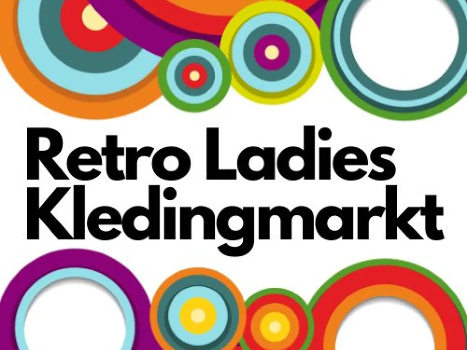 Logo-achtige visual voor de Retro Ladies Kledingmarkt met kleurrijke cirkelpatronen en opvallende tekst.