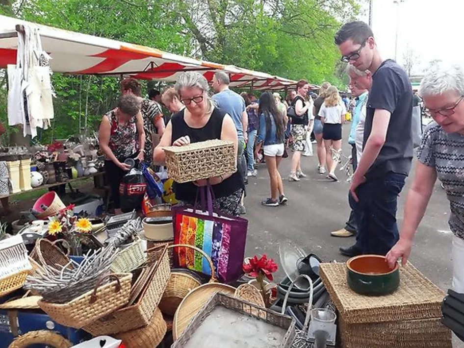 Bezoekers struinen langs kramen met tweedehands spullen en manden tijdens een rommel- en vrijmarkt in de buitenlucht