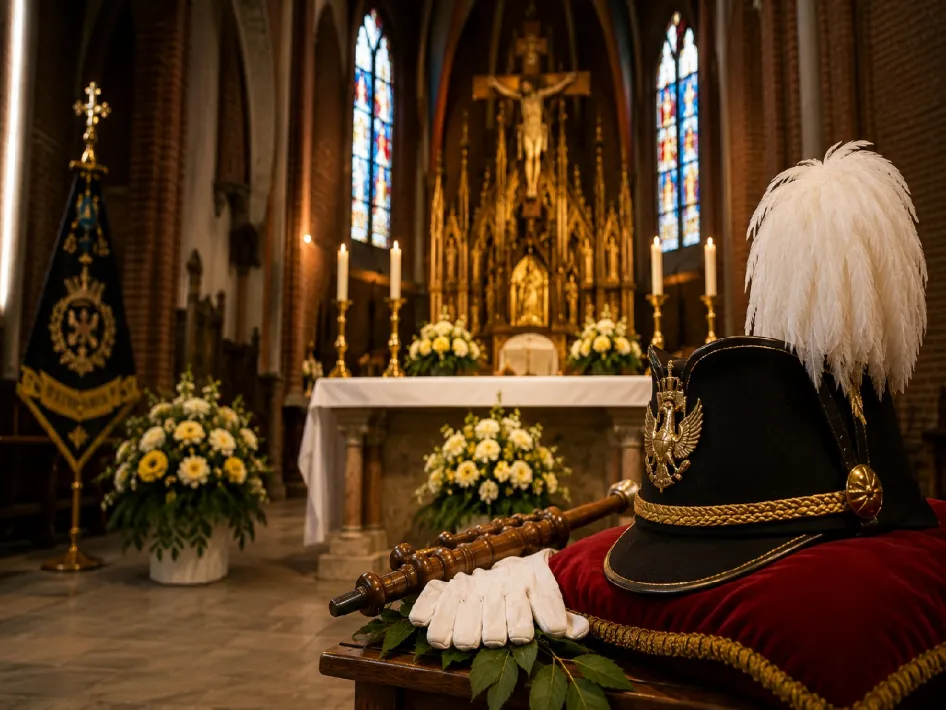 Ceremoniële schuttershoed met witte pluim, handschoenen en staf liggen in een kerk als voorbereiding op de schuttersmis.