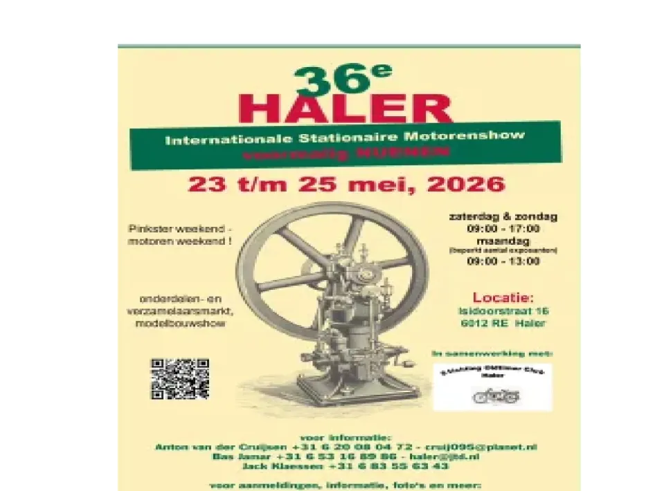 Poster van de 36e Haler Internationale Stationaire Motorenshow met datum 23 t/m 25 mei 2026 en een afbeelding van een oude motor.