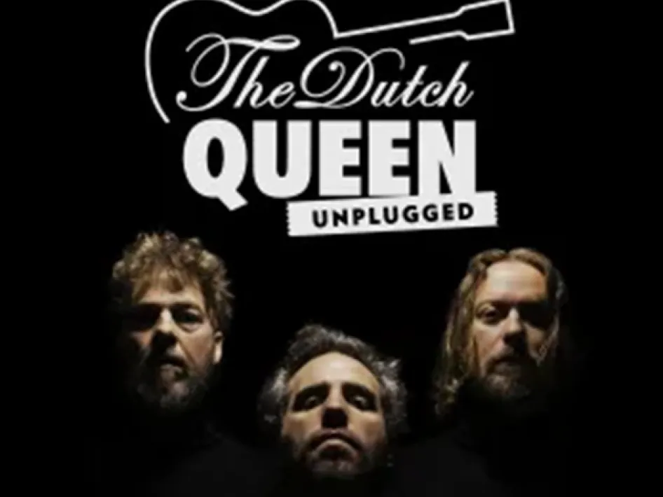 Poster van The Dutch Queen Unplugged met drie muzikanten in het donker en een gitaarlogo boven de titel