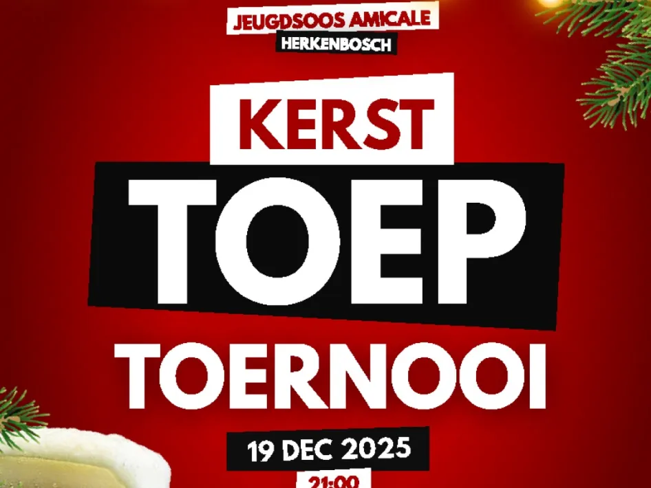Afbeelding van de poster voor het kerst toeptoernooi van Jeugdsoos Amicale Herkenbosch op 19 december 2025, met een rode achtergrond, kerstverlichting, speelkaarten en de tekst ‘Vol = vol’.