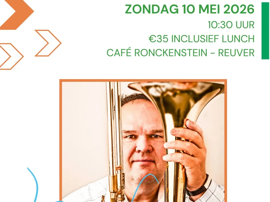 Poster van evenement bij Café Ronckenstein in Reuver op zondag 10 mei 2026 met een muzikant die een trombones vasthoudt en informatie over lunch en aanvangstijd.
