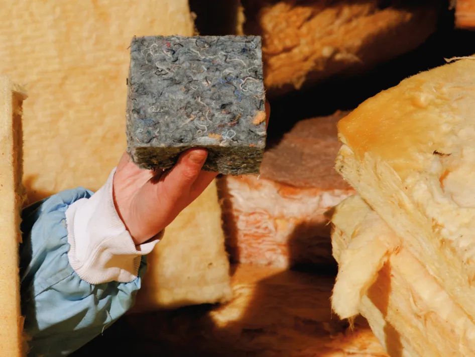 Hand steekt uit tussen isolatiemateriaal, hand houd ook isolatiemateriaal vast.