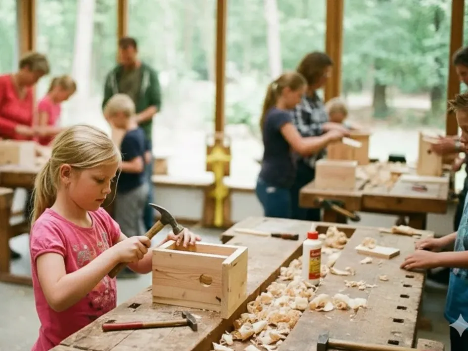 Kinderen en volwassenen timmeren aan houten vogelhuisjes tijdens een workshop in een lichte werkruimte met uitzicht op het bos.