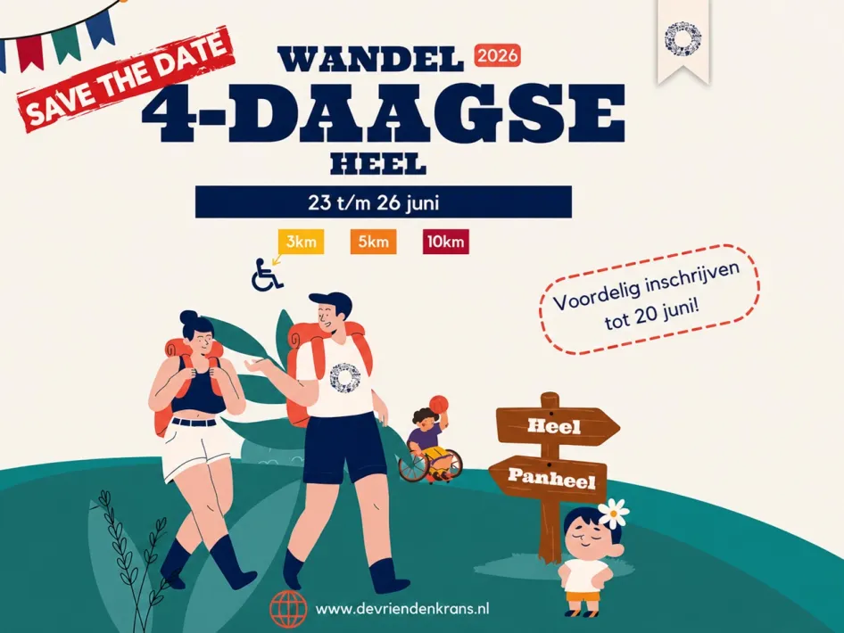 Illustratie van de Wandel 4-daagse in Heel met wandelaars, afstanden van 3, 5 en 10 km en de data 23 t/m 26 juni.