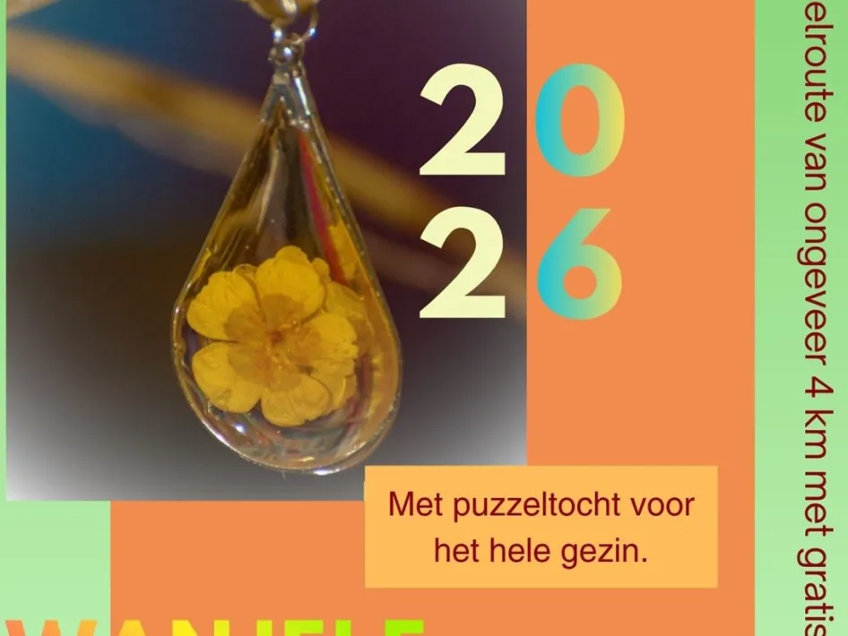 Poster met bloem in glazen hanger en tekst over Wanjele door Häör in 2026 met puzzeltocht voor het hele gezin