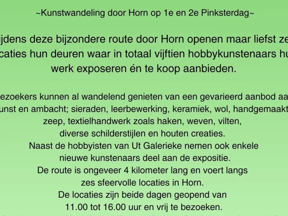 Informatieve poster over Wanjele door Häör, een kunstwandeling door Horn met zes locaties en werk van hobbykunstenaars, vrij te bezoeken tijdens Pinksteren