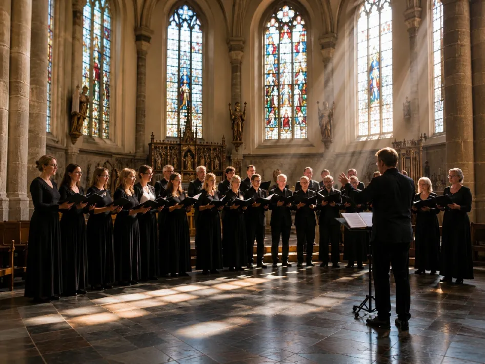afbeelding met ai gemaakt waar een koor een zomerconcert geeft in de sint martinuskerk weert