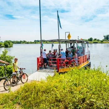 Gezin is een rondje aan het fietsen door het hart van Limburg en staat te wachten op een fietsveer die hen de Maas overbrengt