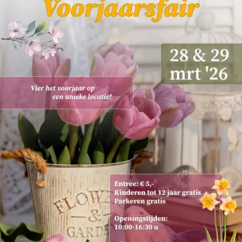 Poster van de Voorjaarsfair Kasteel Daelenbroeck met datum 28 en 29 maart 2026, voorjaarsbloemen en praktische informatie over het evenement in Herkenbosch.