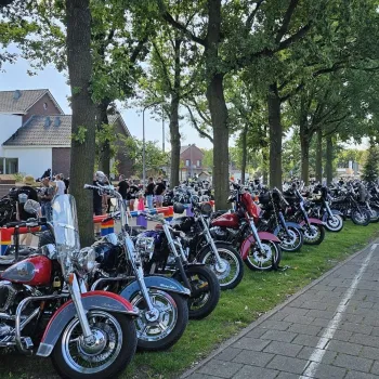 Rijen met glimmende motoren onder de bomen tijdens American Eagle Day in Weert, met bezoekers die rondlopen en de voertuigen bewonderen.