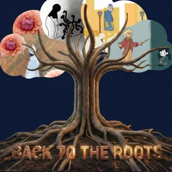 Een boom met brede wortels en kale takken, waaruit vijf kunstzinnige illustraties groeien, elk in een andere stijl. Onderaan staat de titel ‘Back to the Roots’ in verlichte letters.