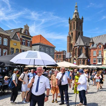 VVV-stadsgids met groep tijdens de Cuyperswandeling in het centrum van Roermond, met historische bebouwing en de kathedraal op de achtergrond.