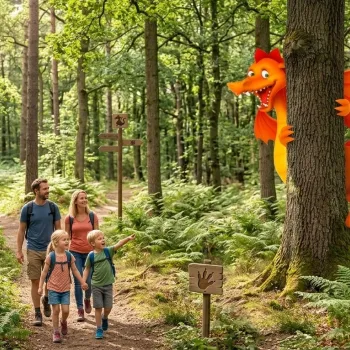 Een familie van vier (vader, moeder, zoon en dochter) wandelt vrolijk op een bospad in een dicht, groen bos en kijkt naar een grote, lachende, oranje draak die speels achter een boomstam tevoorschijn komt. Op een houten bordje op de voorgrond staat de tekst 'DRAKENTOCHTEN BEESEL'.