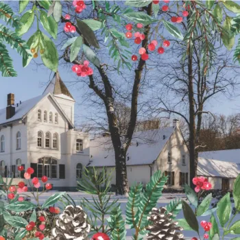 Sfeervol Landgoed Frymerson met sneeuw en kerstdecoratie, locatie van de kerstmarkt in Midden-Limburg op 7 december