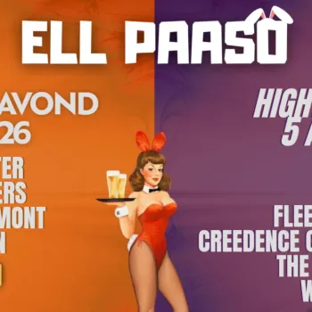 Promobeeld van Ell Paaso 2026 met links de Hollandse Avond op 4 april en artiesten Robert Pater, Mike Kanders, Maurice Fermont en DJ J’roen, rechts Highway to Ell op 5 april met tributebands van onder meer AC/DC en Fleetwood Mac, tegen een oranje-paarse achtergrond met serveersterillustratie in het midden.