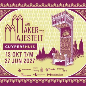 Illustratie van de tentoonstelling Van Maker tot Majesteit in het Cuypershuis, met de Koninklijke Troon in de periode 13 oktober 2026 tot en met 27 juni 2027.