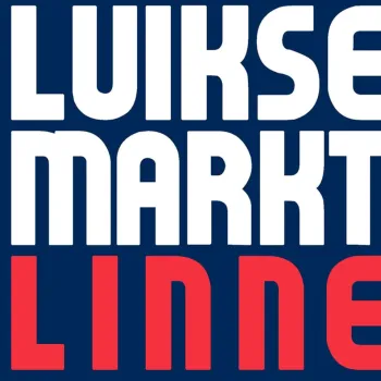 Logo met de tekst Luikse Markt Linne in witte en rode letters op een donkerblauwe achtergrond.