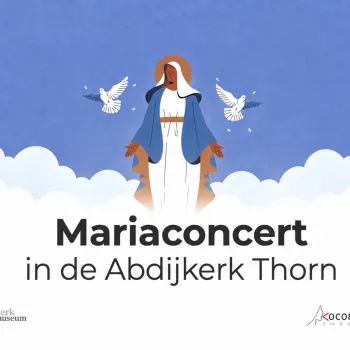 Illustratie van Maria met duiven bij het Mariaconcert van Vocomotion in de Abdijkerk van Thorn.